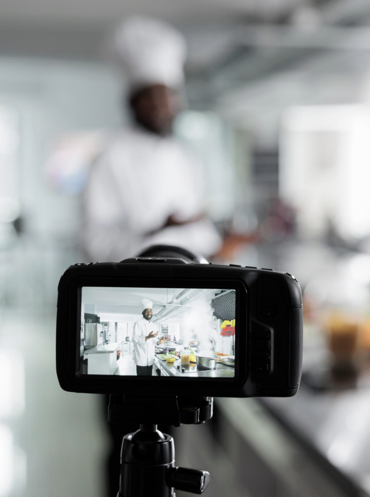 Et kamerastativ med et kamera som filmer en kokk på sin restaurant
